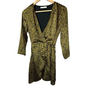 MANGO Women's Leopard Print Wrap Mini Dress Olive/Black Size 2